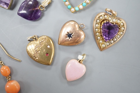 Nine assorted gem set heart shaoed pendants including amethyst and seed pearl, 21mm and turquoise and seed pearl and a pair of yellow metal and coral bead set drop earrings.